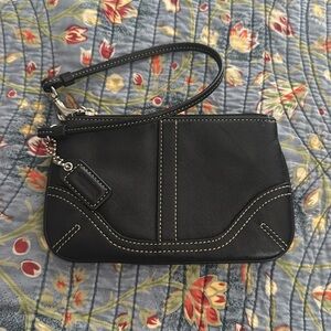 Coach Small Black Leather Wristlet Silver tone zipper wallet